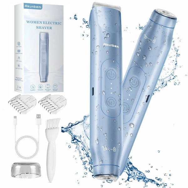 Akunbem 2 in 1 Women Electric Shaver Dual Head Bikini Trimmer for Women IPX7 Waterproof Wet & Dry Use Body Hair Trimmer and Facial Hair Remover for Bikini Underarm Leg Arm Body Face Blue