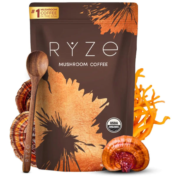 RYZE Mushroom Coffee | 6 Adaptogenic Mushrooms | USDA Organic | Instant Coffee | MCT Oil | USA Grown | Better Energy Focus Digestion Immunity | Cordyceps Lion’s Mane Turkey Tail | 30 Servings