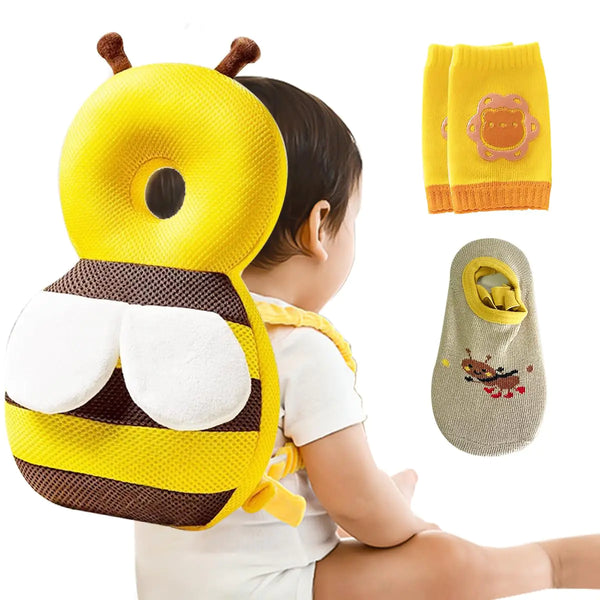 Baby Head ProtectorInfant Fall Protection Baby Head Protector Cushion Backpack with Baby Knee Pads Anti Slip Socks for Walking & Crawling (Yellow Bees)